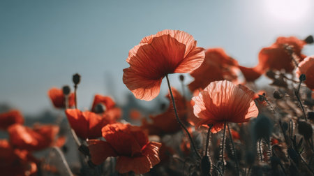A breathtaking view of vibrant red poppies swaying gently in the breeze, illuminated by the warm sunlight, offering a perfect glimpse of natural beauty.の素材