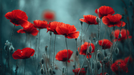 A breathtaking view of vibrant red poppies framed against a dreamy blue background, perfect for nature enthusiasts and photography lovers.の素材