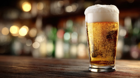 A vibrant image showcasing a fresh cold beer in a glass with a creamy foam head, set against a softly blurred bar background that evokes relaxation and enjoyment.の素材