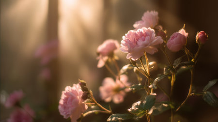 Delicate pink roses bathed in soft morning light create a tranquil atmosphere, highlighting the beauty of nature. Perfect for floral themes.の素材