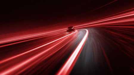 This captivating image showcases a car in motion with dynamic red light trails against a dark backdrop, illustrating speed and technology in an artistic way.の素材