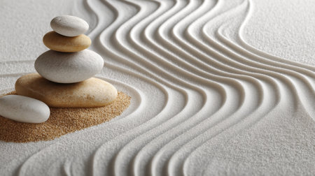 A serene arrangement featuring smooth stones atop gentle sand patterns, creating a peaceful atmosphere perfect for meditation and relaxation.の素材