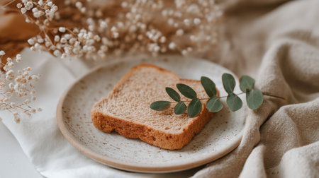 A slice of freshly baked bread rests on a rustic plate, surrounded by natural accents and soft textiles, creating a cozy and inviting atmosphere.の素材