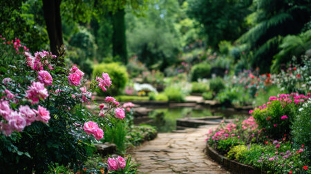 A picturesque garden pathway lined with blooming flowers and lush greenery creates a serene atmosphere perfect for relaxation.の素材