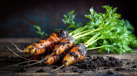 Discover the beauty of fresh organic carrots with dirt on a rustic wooden table. The vibrant green leaves and earthy soil evoke a sense of farm-to-table goodness, celebrating natural produce and healthy living.の素材