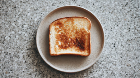 A single slice of golden brown toast rests on a minimalist plate, showcasing its crisp texture on a gentle stone surface, ideal for food photography.の素材