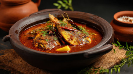 A vibrant fish stew with rich flavors served in a rustic clay bowl, garnished with fresh herbs and dried spices, presenting a warm culinary experience.の素材