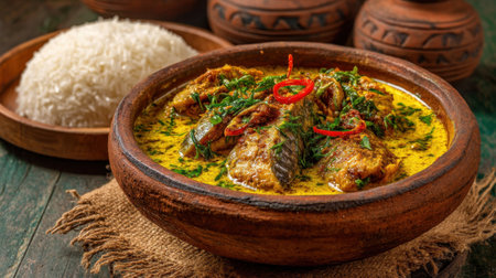 A mouthwatering fish curry served in a traditional wooden bowl alongside fluffy steamed rice, garnished with fresh herbs and spices.の素材