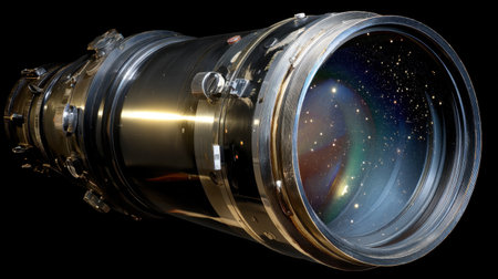 Stunning close-up of a telescope lens showing a vivid view of stars and galaxies within. The intricate design and shiny surface highlight the beauty of astronomical exploration.の素材