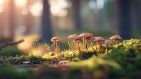 A stunning view of delicate mushrooms rising from soft green moss in a tranquil forest, illuminated by warm golden hour sunlight.の素材