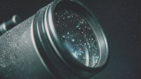 This image captures a detailed close-up view of a telescope lens reflecting countless stars and galaxies, evoking a sense of wonder and exploration in deep space.の素材