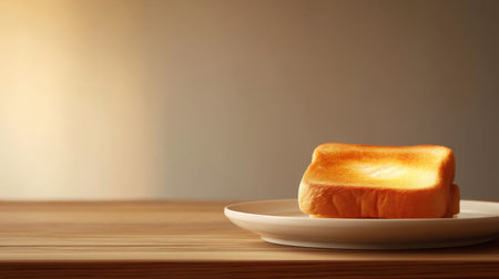 A beautifully toasted slice of bread sits on a white plate, casting soft shadows on a wooden table, evoking a cozy morning atmosphere.の素材
