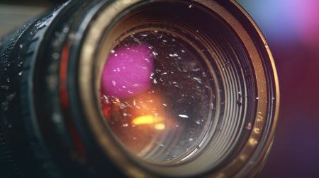 This close-up image features a camera lens with visible dust particles and vivid bokeh lights creating a captivating atmosphere.の素材