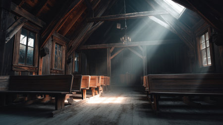 The serene interior of an abandoned wooden church features old pews, rustic beams, and beams of light that create a tranquil atmosphere.の素材