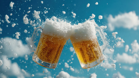 Two frosty beer mugs clink together in mid-air, creating a splash of foam against a vivid blue sky, capturing the essence of friendship, celebration, and joy.の素材