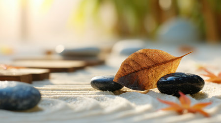 A serene zen garden scene featuring smooth black stones, a delicate fallen leaf, and gentle sunlight for a calming and peaceful atmosphere.の素材