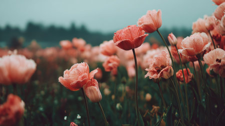 A breathtaking scene of blooming pink tulips in a tranquil garden, displaying soft colors and natural beauty under gentle light, evoking peace and elegance.の素材