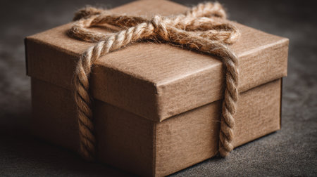 A charming vintage-style brown gift box tied with twine sits on a dark surface, ideal for celebrating holidays or special occasions. Perfect for captures of rustic elegance.の素材
