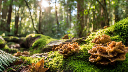 A stunning close-up captures vibrant mushrooms nestled on a mossy log in a serene forest, with sunlight creating a magical atmosphere.の素材