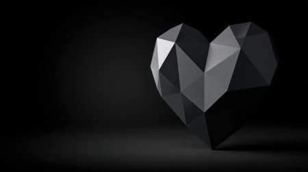 This image features a striking geometric heart sculpture in shades of black, set against a dark background, perfect for modern love themes.の素材