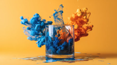 A stunning visual showcasing blue and orange ink vividly swirling in a glass, set against a bright yellow background, creating dynamic art.の素材