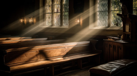 This captivating image features sunlight rays streaming through stained glass windows, illuminating wooden benches in a tranquil church interior, creating a serene atmosphere perfect for contemplation and reflection.の素材