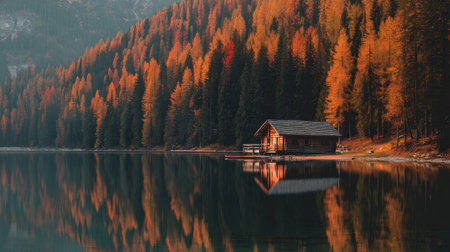 A picturesque scene featuring a cozy wooden cabin nestled among a vibrant autumn forest. The reflection on the calm lake creates a serene atmosphere, showcasing the beauty of nature.の素材