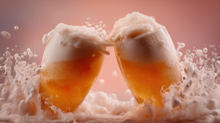 Two glasses of cold beer are clinking together, creating an exciting splash of foam and bubbles against a soft pink background, perfect for celebrations.の素材