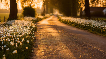 A serene country road bordered by blooming white flowers bathed in warm golden sunlight at sunrise, evoking tranquility and natural beauty.の素材