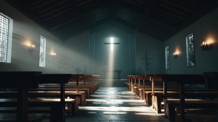A tranquil view inside a modern church showcasing wooden pews, scattered sunlight, and a peaceful ambiance ideal for reflection and worship.の素材