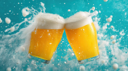Two clinking glasses of beer with vibrant yellow liquid and frothy foam create a lively scene against a stunning blue background. Celebrate life!の素材