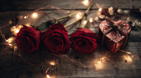 A captivating scene featuring beautiful red roses, a heart-shaped gift box, and soft twinkling lights, perfect for romantic celebrations and gifts.の素材