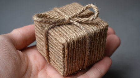 A small gift wrapped neatly in twine is gently held in a hand, showcasing a minimalist design perfect for various occasions and celebrations.の素材
