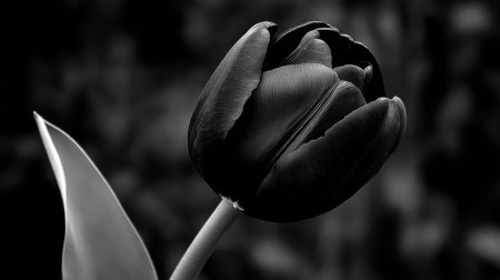 This artistic close-up of a black tulip showcases its elegant form against a soft monochrome background, perfect for floral-themed projects.の素材