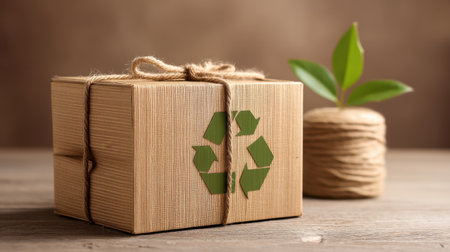 Beautiful eco-friendly gift package adorned with a recycle logo showcases natural twine and a green leaf, perfect for sustainable living.の素材