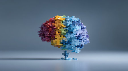 This vibrant image features an artistic representation of a human brain made from colorful puzzle pieces, symbolizing creativity and thought.の素材