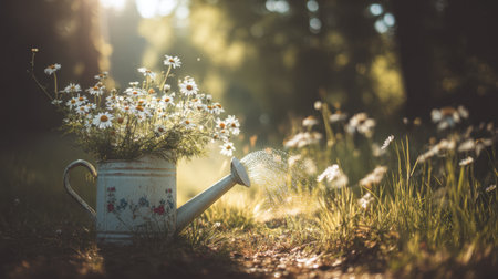 A charming vintage watering can brimming with fresh flowers sits in a picturesque garden, illuminated by golden sunlight and creating a tranquil atmosphere.の素材