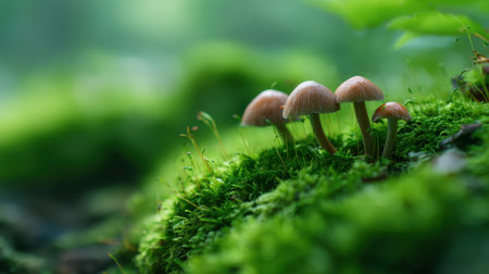 Explore the enchanting beauty of delicate mushrooms nestled on a mossy patch in a serene forest. This tranquil scene highlights nature's intricate details and vibrant colors, capturing the peaceful essence of the wilderness.の素材