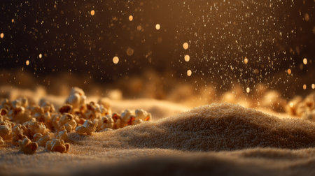A delicious array of golden popcorn kernels scattered across a warm sandy backdrop, illuminated by soft light with shimmering sugar dust.の素材