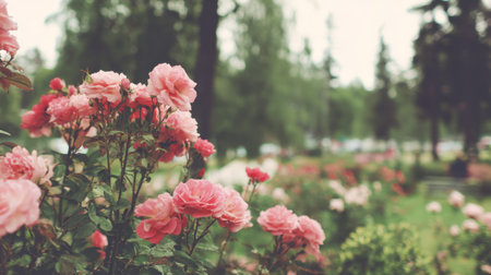 A stunning collection of pink roses thriving in a vibrant garden, surrounded by lush greenery under soft natural light, capturing tranquility and beauty.の素材