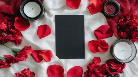 A beautifully composed romantic scene featuring red roses, soft petals, and flickering candles surrounding a blank card, perfect for creating heartfelt messages or invitations.の素材