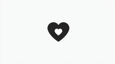 A minimalistic black heart symbol featuring a smaller inner heart on a clean white background. This design illustrates love and creativity in a striking way.の素材