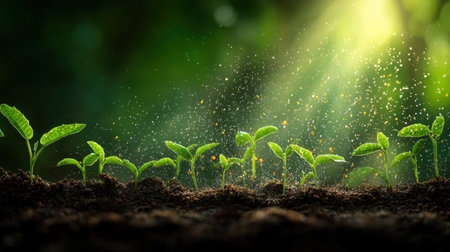 Small green seedlings emerge from rich soil, illuminated by sunlight and dancing dust particles, creating a magical and thriving nature scene.の素材