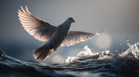 A stunning image of a bird gracefully soaring above sparkling water, capturing a moment of tranquility and the beauty of nature's elements.の素材