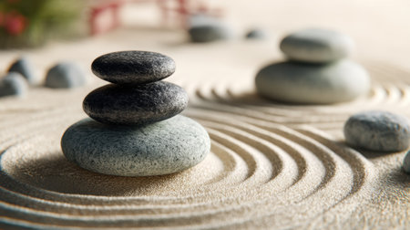 A serene scene featuring balanced stones in a Zen garden, highlighting raked sand patterns that evoke tranquility and mindfulness, ideal for relaxation.の素材