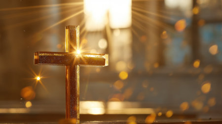 A beautifully lit wooden cross radiates warmth and tranquility, surrounded by shimmering particles and soft light rays. This image conveys themes of faith and serenity.の素材