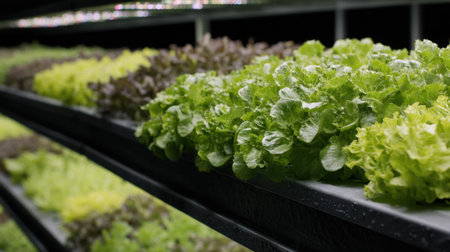 Explore the vibrant world of hydroponic farming with fresh lettuce varieties thriving in a vertical environment, showcasing sustainable practices and nutrition.の素材