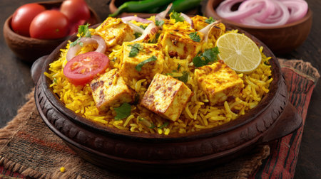 Enjoy a beautifully presented biryani featuring paneer and colorful vegetables, garnished with fresh herbs and lemon. Perfect for culinary delights.の素材