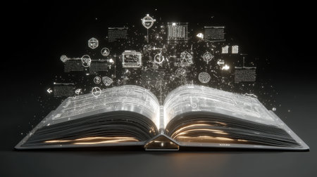 An open book emits glowing illustrations and digital icons from its pages, representing a fusion of knowledge and technology in a captivating scene.の素材