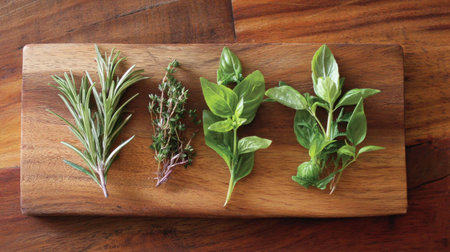 A vibrant array of fresh culinary herbs, including rosemary, thyme, basil, and parsley, elegantly arranged on a wooden cutting board, showcasing their vibrant colors and freshness, perfect for elevating any dish.の素材